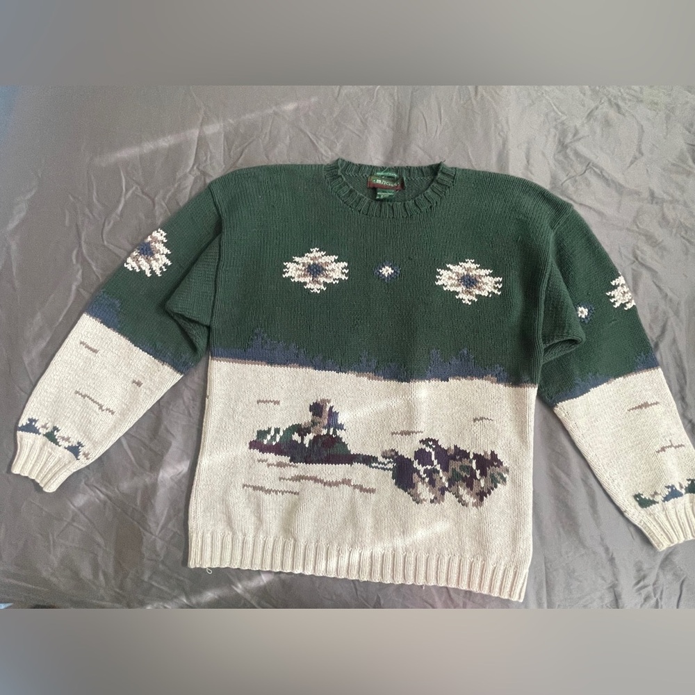 HAND KNIT 90’s Vintage Dog Sled Sweater 100% Cotton - Men’s XL